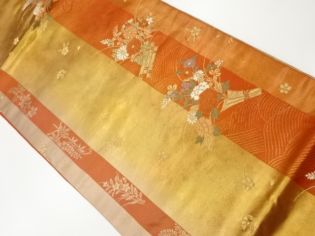 縞に花筏・花束・波模様織出し名古屋帯